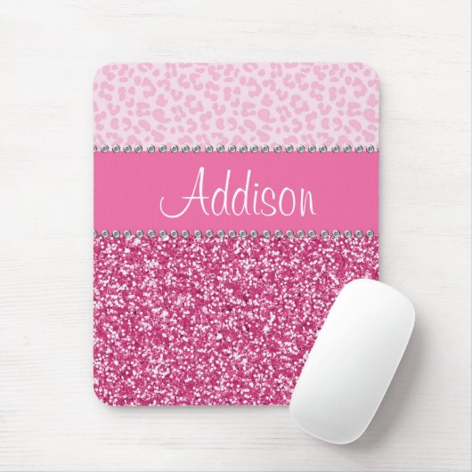 Hot Pink Glitter Rhinestone Leopard Bling Mousepad Muismat (Met muis)