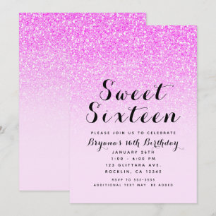 Hot Pink Glitter Sparkle Glam Sweet 16 Party Kaart