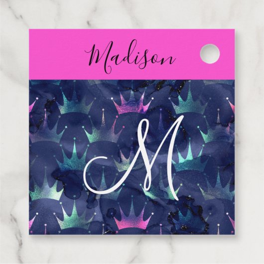 Hot Pink Glitter Sparkles Mermaid Crowns Monogram Bedankjes Labels (Achterkant)