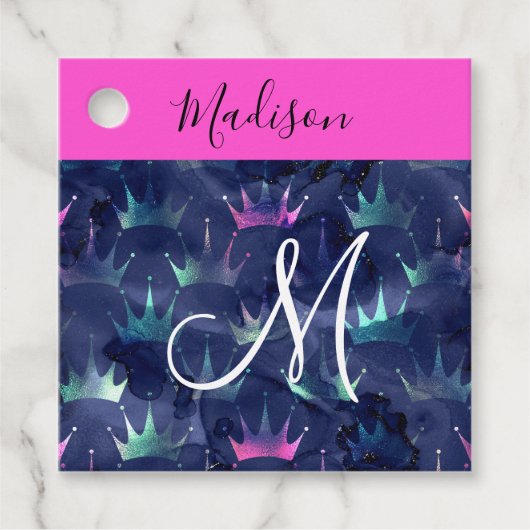 Hot Pink Glitter Sparkles Mermaid Crowns Monogram Bedankjes Labels (Voorkant)