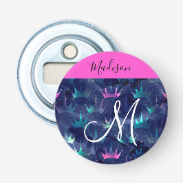 Hot Pink Glitter Sparkles Mermaid Crowns Monogram Button Flesopener