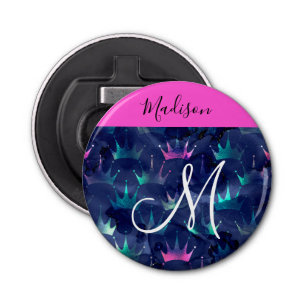 Hot Pink Glitter Sparkles Mermaid Crowns Monogram Button Flesopener