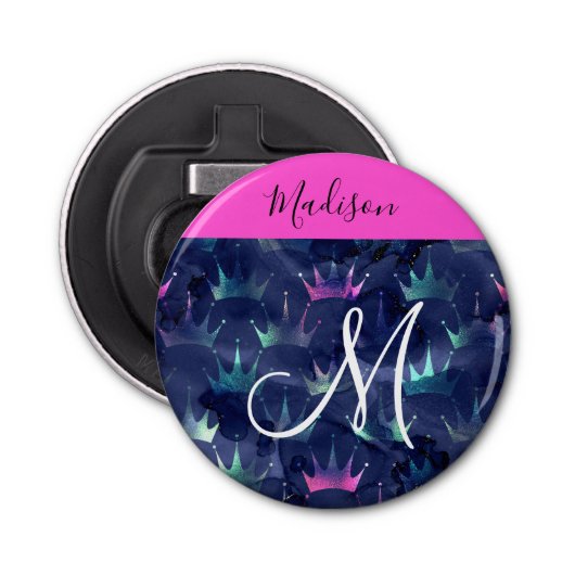Hot Pink Glitter Sparkles Mermaid Crowns Monogram Button Flesopener (Voorkant)