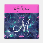 Hot Pink Glitter Sparkles Mermaid Crowns Monogram Magneet (Voorkant)