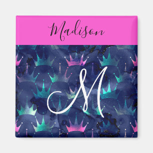Hot Pink Glitter Sparkles Mermaid Crowns Monogram Magneet
