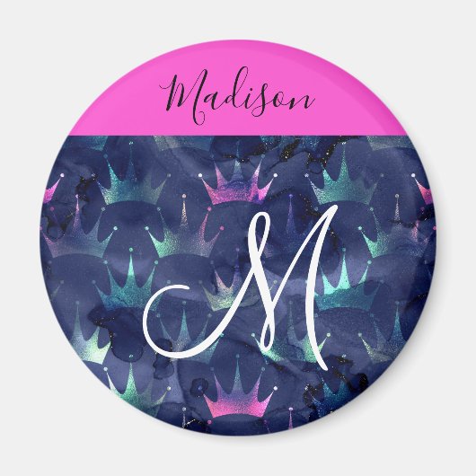 Hot Pink Glitter Sparkles Mermaid Crowns Monogram Magneet (Voorkant)