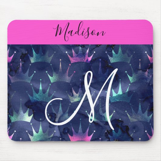 Hot Pink Glitter Sparkles Mermaid Crowns Monogram Muismat (Voorkant)