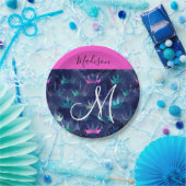 Hot Pink Glitter Sparkles Mermaid Crowns Monogram Papieren Bordje (Feest)