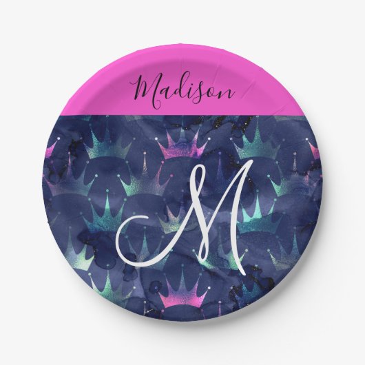 Hot Pink Glitter Sparkles Mermaid Crowns Monogram Papieren Bordje (Voorkant)