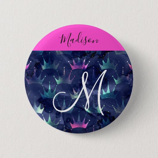 Hot Pink Glitter Sparkles Mermaid Crowns Monogram Ronde Button 5,7 Cm (Voorkant)
