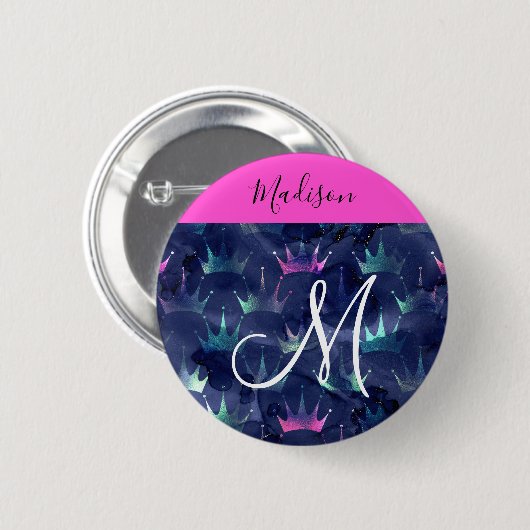 Hot Pink Glitter Sparkles Mermaid Crowns Monogram Ronde Button 5,7 Cm (Voorkant /achterkant)