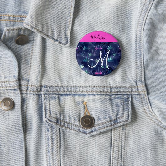 Hot Pink Glitter Sparkles Mermaid Crowns Monogram Ronde Button 5,7 Cm (In situ)