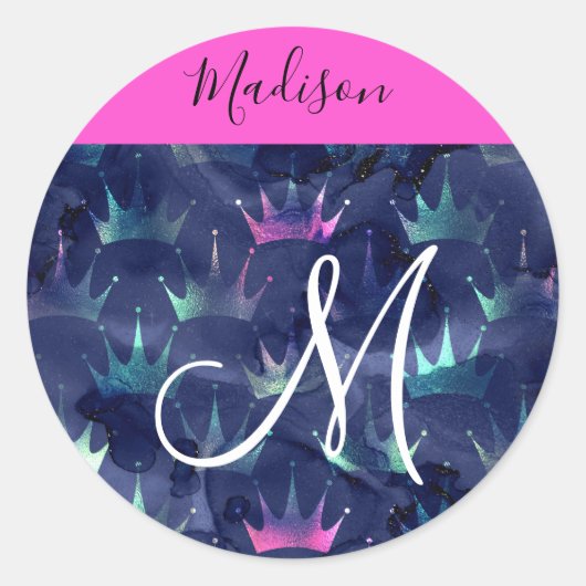 Hot Pink Glitter Sparkles Mermaid Crowns Monogram Ronde Sticker (Voorkant)