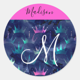 Hot Pink Glitter Sparkles Mermaid Crowns Monogram Ronde Sticker