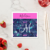 Hot Pink Glitter Sparkles Mermaid Crowns Monogram Servet (Insitu)