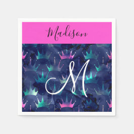 Hot Pink Glitter Sparkles Mermaid Crowns Monogram Servet