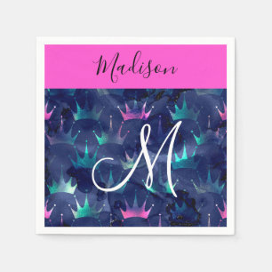 Hot Pink Glitter Sparkles Mermaid Crowns Monogram Servet