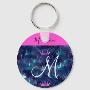 Hot Pink Glitter Sparkles Mermaid Crowns Monogram Sleutelhanger