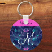 Hot Pink Glitter Sparkles Mermaid Crowns Monogram Sleutelhanger (Voorkant)