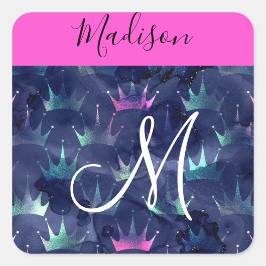 Hot Pink Glitter Sparkles Mermaid Crowns Monogram Vierkante Sticker (Voorkant)