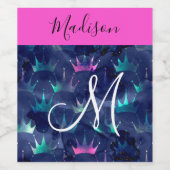 Hot Pink Glitter Sparkles Mermaid Crowns Monogram Wijn Etiket (Enkel label)