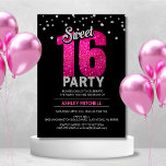 Hot Pink Glitter Sparkles SET SIXTEEN 16 Party Kaart<br><div class="desc">Een liefje zestien feest? Heb je ideeën nodig? Profiteer van deze moderne en trendy aangepaste sjablonen zodat u eenvoudig kunt DIY. Zwart en warm roze met faux zilveren folie en glitter. Betaalbaar maar niet goedkoop. Geef deze uitnodigingen een persoonlijk tintje voor je volgende lieflijke 16-feest.</div>