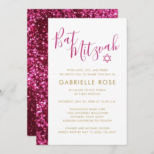 Hot Pink Glitter Sparkly Bat Mitzvah Uitnodiging (Voorkant / Achterkant)