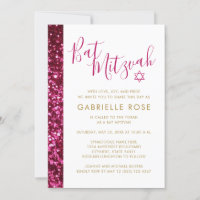 Hot Pink Glitter Sparkly Bat Mitzvah Uitnodiging