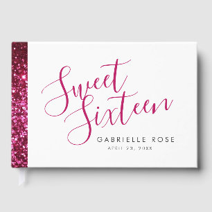 Hot Pink Glitter Stripe Modern Sweet 16 Gastenboek