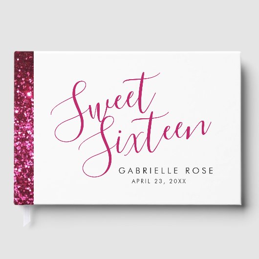 Hot Pink Glitter Stripe Modern Sweet 16 Gastenboek (Voorkant)