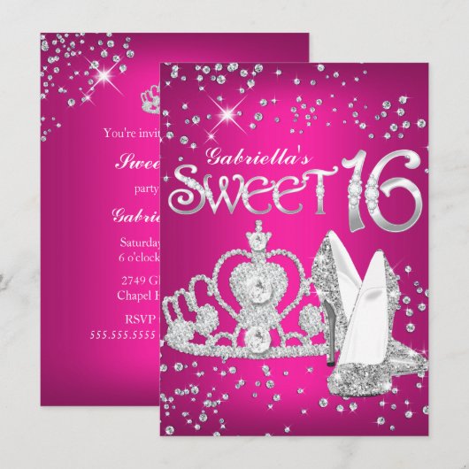 Hot Pink Glitter Tiara Heels Sweet 16 Invite Kaart (Voorkant / Achterkant)