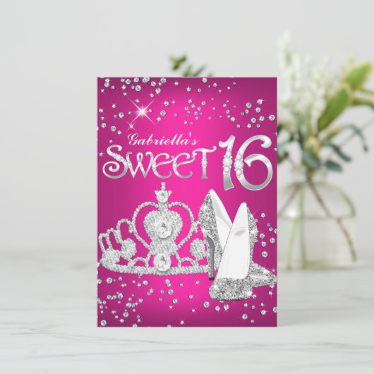 Hot Pink Glitter Tiara Heels Sweet 16 Invite Kaart (Staand voorkant)