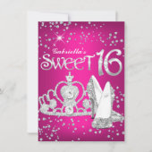 Hot Pink Glitter Tiara Heels Sweet 16 Invite Kaart (Voorkant)