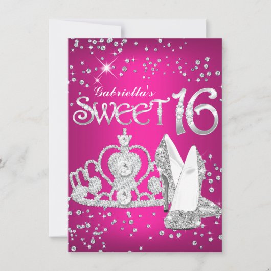 Hot Pink Glitter Tiara Heels Sweet 16 Invite Kaart (Voorkant)
