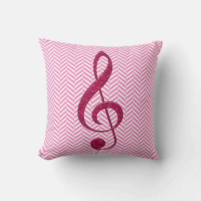 Hot Pink Glitter Treble Clef op Roze Chevron Kussen (Voorkant)