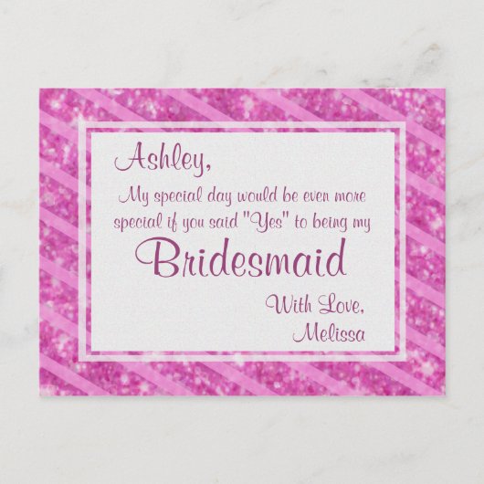Hot Pink Glitter - Word jij mijn bruidsmeisje? Uitnodiging Briefkaart (Voorkant)