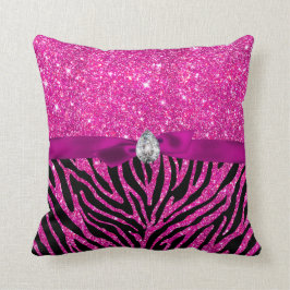 Hot Pink Glitter Zebra Pattern Rabibon Diamond Cut Kussen