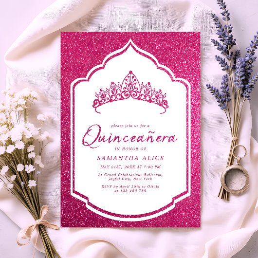 Hot Pink Glittery Crown Miss Quince Quinceanera Kaart