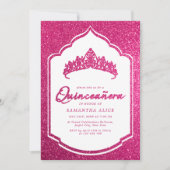 Hot Pink Glittery Crown Miss Quince Quinceanera Kaart (Voorkant)