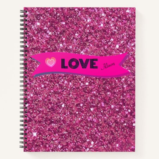 Hot Pink Glittery LOVE Valentijnsdag Hart Girly Notitieboek (Voorkant)
