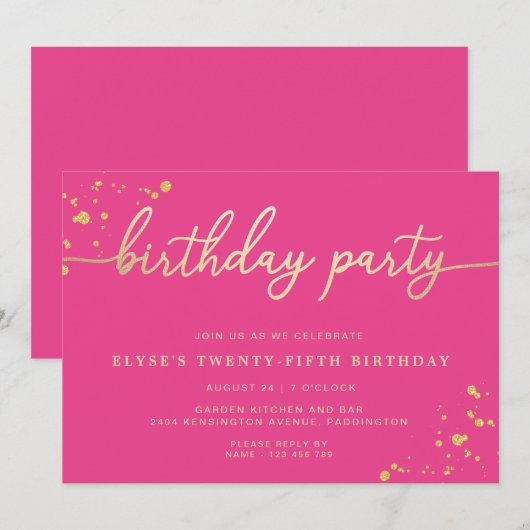 Hot Pink Gold Birthday Party - uitnodiging (Voorkant / Achterkant)