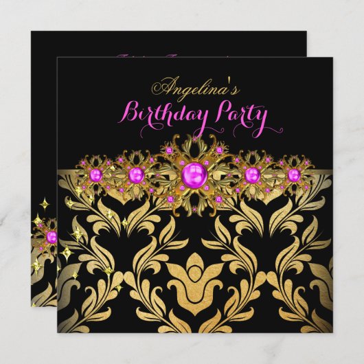 Hot Pink Gold Black Damask Birthday Party 2 Kaart (Voorkant / Achterkant)