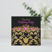 Hot Pink Gold Black Damask Birthday Party 2 Kaart (Staand voorkant)