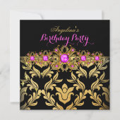 Hot Pink Gold Black Damask Birthday Party 2 Kaart (Voorkant)