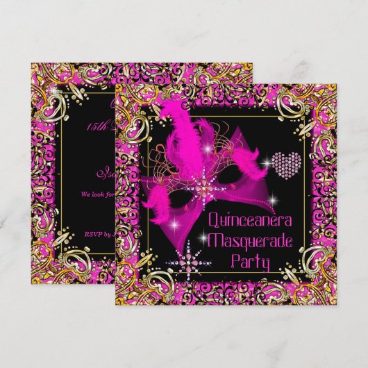 Hot Pink Gold Black Masquerade Quinceanera Party Kaart (Voorkant / Achterkant)