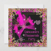 Hot Pink Gold Black Masquerade Quinceanera Party Kaart (Voorkant)