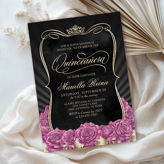 Hot Pink Gold Black Quinceañera Kaart