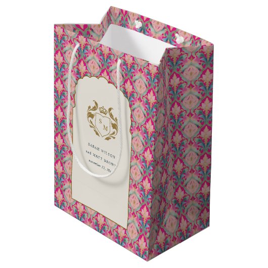  Hot Pink Gold Classy Floral Laurel Bruiloft Medium Cadeauzakje (Achterkant Gekanteld)