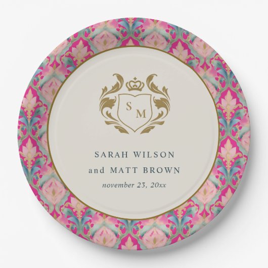  Hot Pink Gold Classy Floral Laurel Bruiloft Papieren Bordje (Voorkant)