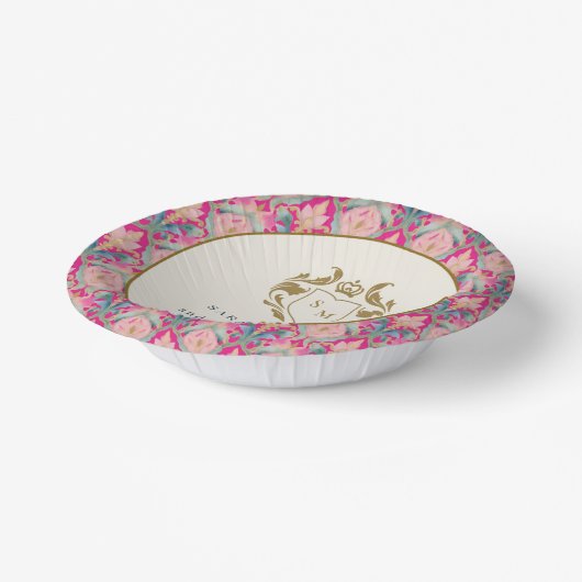  Hot Pink Gold Classy Floral Laurel Bruiloft Papieren Kommen (Gebogen)